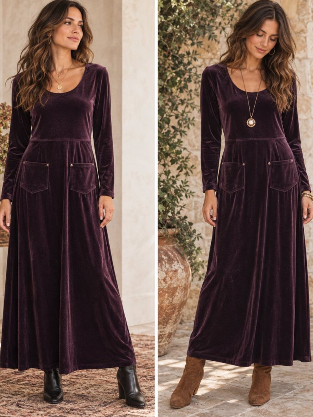Coldwater Creek Velvet Maxi Dress Womens Purple Long Sleeve Pockets Whimsigoth